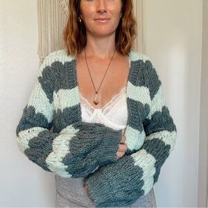 Stitch & Pine Chunky Sweater Cardigan Woven Throw On Striped Short Knit